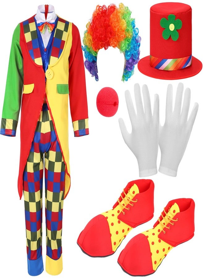 Yahenda 7 Pcs Clown Costume Set Halloween Cosplay Clown Red Nose Wig Shoes Hat Accessories Circus Carnival Party(M) - Image 1